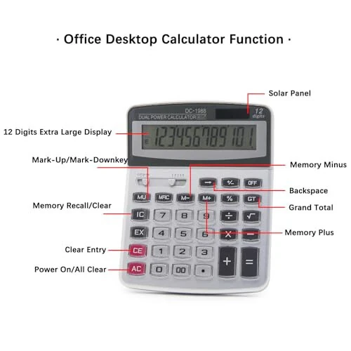 OFFIDIX Desk Calculator 12 Digits Extra Large LCD Display, Big Buttons Dual Power Solar Calculator for Office, Work, Business, Home and School - 4