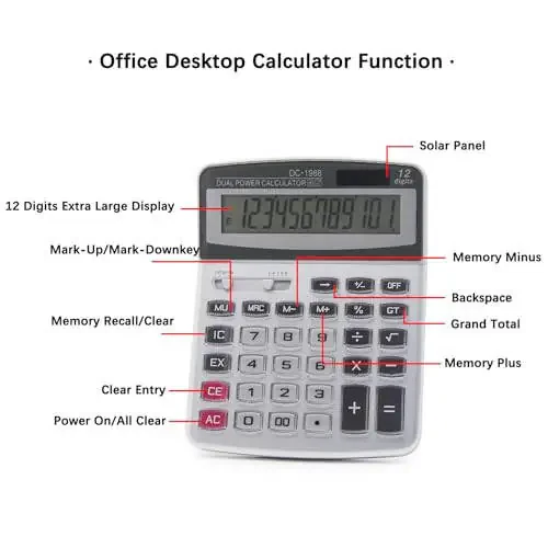 OFFIDIX Desk Calculator 12 Digits Extra Large LCD Display, Big Buttons Dual Power Solar Calculator for Office, Work, Business, Home and School - 4