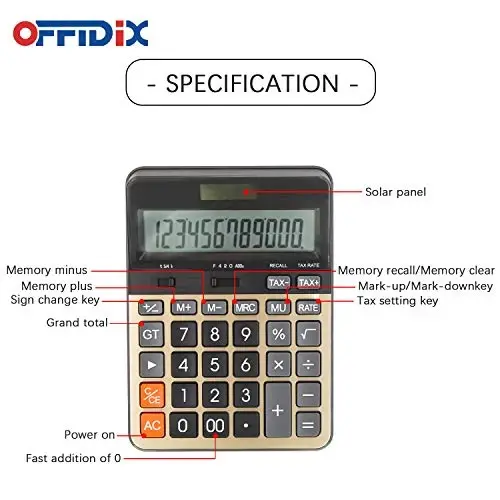 OFFIDIX Desktop Calculator with Large 12 Digit LCD Display, Solar Battery Dual Power, Perfect for Office, Home, School - 3