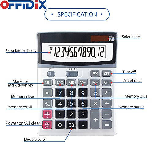 OFFIDIX Katta Kalit Kalkulyatorlar Ofis Stol Kalkulyatori, Qo'shaloq Quvvatli Elektron Kalkulyator Portativ 12 Raqamli Katta LCD Displey Kalkulyator Stol Kalkulyatori Kundalik va Asosiy Ofis uchun - 3