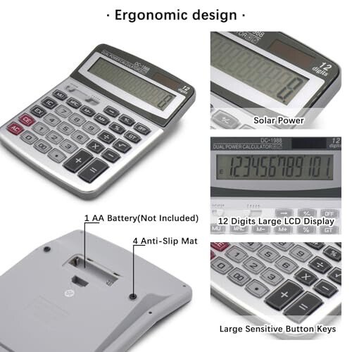 OFFIDIX Desk Calculator 12 Digits Extra Large LCD Display,Big Buttons Dual Power Solar Calculator for Office,Work,Business,Home and School - 3
