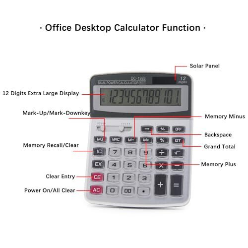 OFFIDIX Desk Calculator 12 Digits Extra Large LCD Display,Big Buttons Dual Power Solar Calculator for Office,Work,Business,Home and School - 4