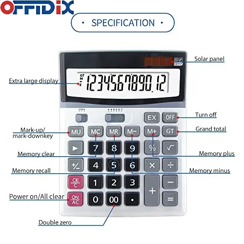 OFFIDIX Office Computer Key Electronic Calculator, Financial Calculators for Bank Stuff and Accouter, Financial Accounting Style 12-Digit Display with Battery and Solar Desktop Calculator - 3