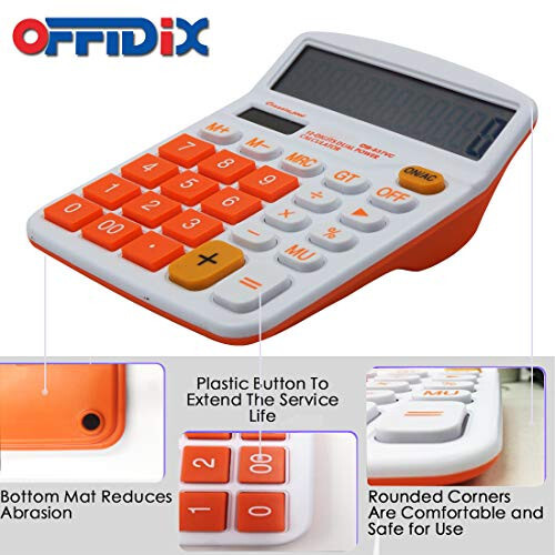 OFFIDIX Office Desk Calculator, Solar and Battery Dual Power Electronic Calculator Portable 12 Digit Large LCD Display Desktop Calculator,Handheld for Daily and Basic Office(Orange) - 3