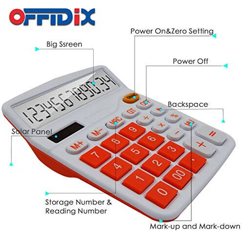 OFFIDIX Office Desk Calculator, Solar and Battery Dual Power Electronic Calculator Portable 12 Digit Large LCD Display Desktop Calculator,Handheld for Daily and Basic Office(Orange) - 4