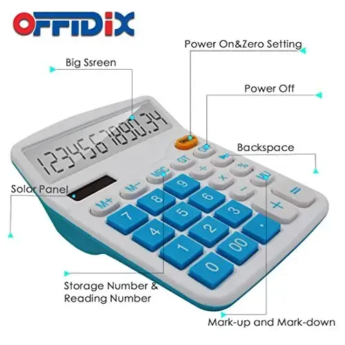 OFFIDIX Office Desktop Calculator, Solar and Battery Dual Power Electronic Calculator Portable 12 Digit Large LCD Display Calculator, Blue - 3