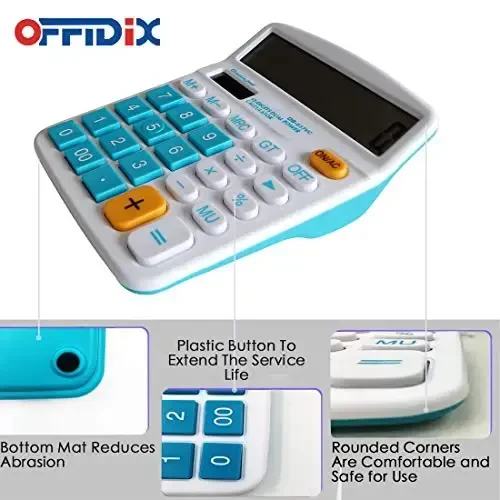 OFFIDIX Office Desktop Calculator, Solar and Battery Dual Power Electronic Calculator Portable 12 Digit Large LCD Display Calculator, Blue - 4