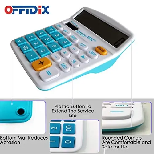 OFFIDIX Office Desktop Calculator, Solar and Battery Dual Power Electronic Calculator Portable 12 Digit Large LCD Display Calculator, Blue - 4