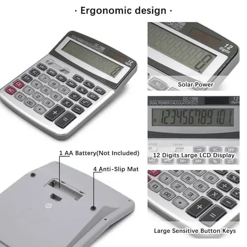 OFFIDIX stol kalkulyatori 12 raqamli juda katta LCD displey, katta tugmalar, ofis, ish, biznes, uy va maktab uchun quyosh energiyasi bilan ishlaydigan ikki tomonlama kalkulyator - 3