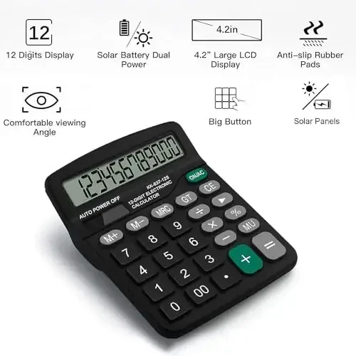 Office Desk Calculator - Dual Power Simple Financial Calculator with Big Button Large Display for Office, Home & School (Black) - 3