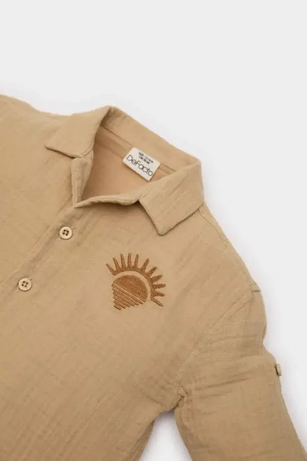 O'g'il bola kashtasi bilan bezatilgan muslin uzun yengli ko'ylak sariq - 2