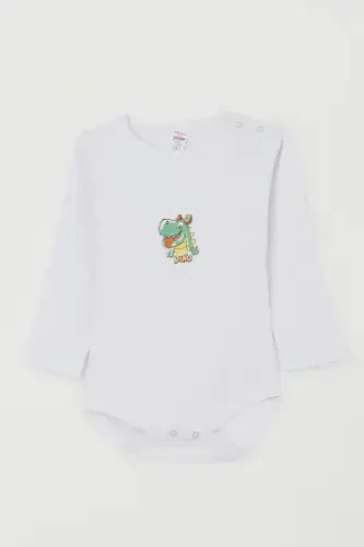 O'g'il bolalar uchun bodiboy xursand dinozavr bosma 9 oy-3 yosh, oq. - 1