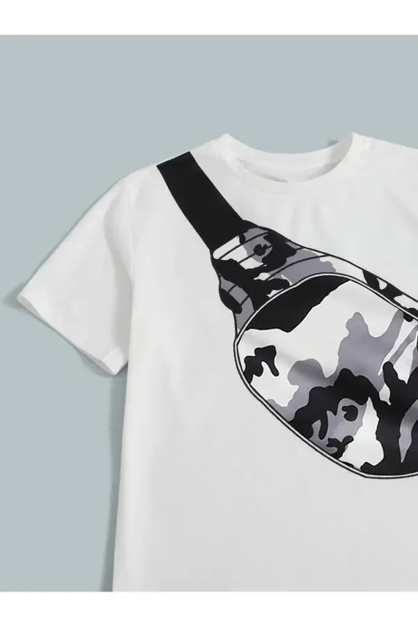 O'g'il bolalar uchun kamuflyaj va sumka naqshli futbolka va shortik to'plami - 3