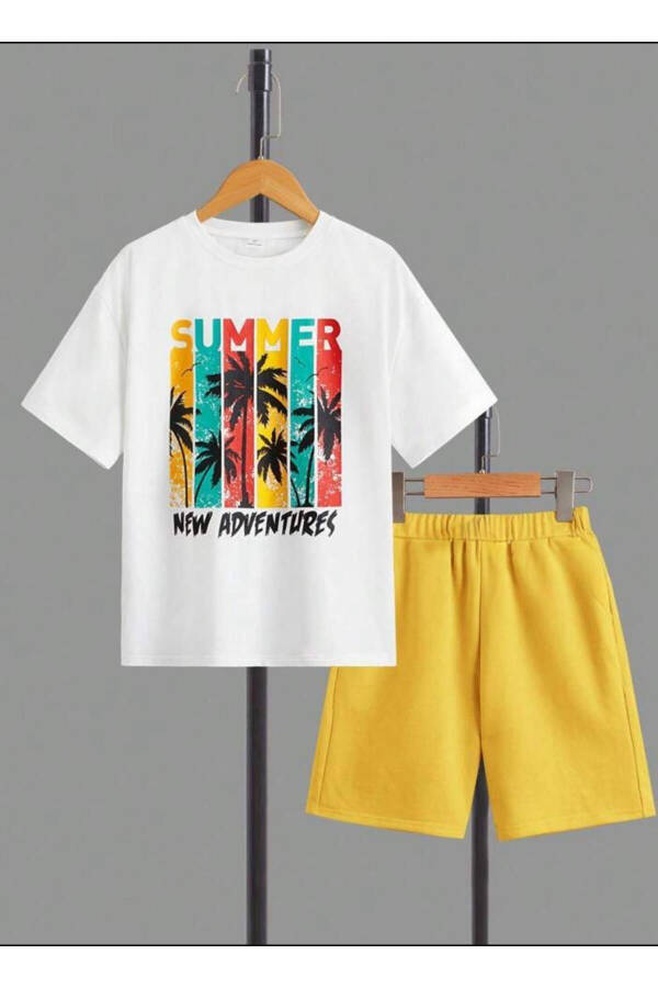 O'g'il va qiz bolalar uchun oq Summer Adventures bosma T-shirt-shorti to'plami - 1