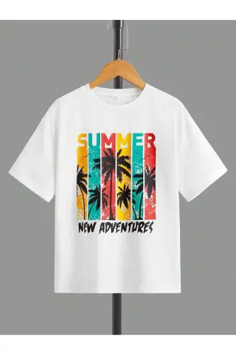 O'g'il va qiz bolalar uchun oq Summer Adventures bosma T-shirt-shorti to'plami - MORNİNG KİDS (1)
