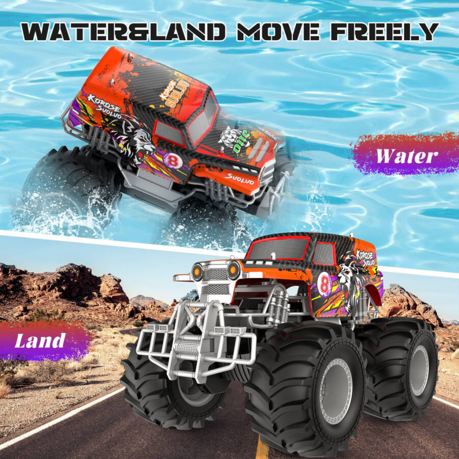 O'g'il va qizlar uchun amfibiya masofadan boshqariladigan avtomobil o'yinchoqlari. 2.4GHz 1:16 barcha relyefli off-road RC avtomobil, suv o'tkazmaydigan RC monster yuk mashinasi, bolalar hovuzi o'yinchoqlari, masofadan boshqariladigan qayiq, Rojdestvo sovg'alari. - 3