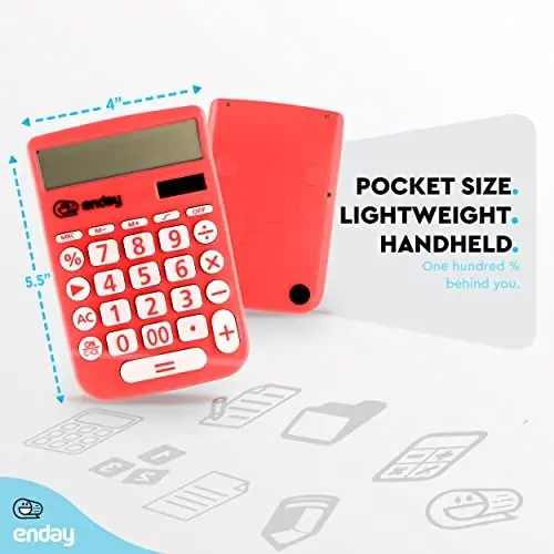 Enday Solar Powered Large Display 12 Digit Red Basic Calculator - Perfect for Office & School - 5