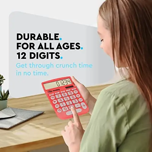 Enday Solar Powered Large Display 12 Digit Red Basic Calculator - Perfect for Office & School - ENDAY (1)