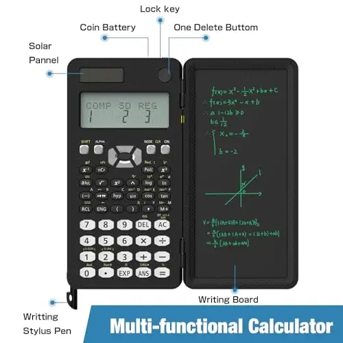 Scientific Calculator for Students with Notepad, ROATEE Middle and High School Supplies for Students, 82 MS Foldable 2-Line Display Science Calculator with Writing Tablet, Solar and Battery Powered - 2