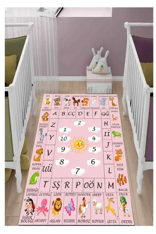 Öğretici Ingilizce Çocuk Oyun Halısı Kaymaz Makinede Yıkanabilir Eğitici Bebek Ve Çocuk Odası Halısı-Renkli4462 - STY HOME
