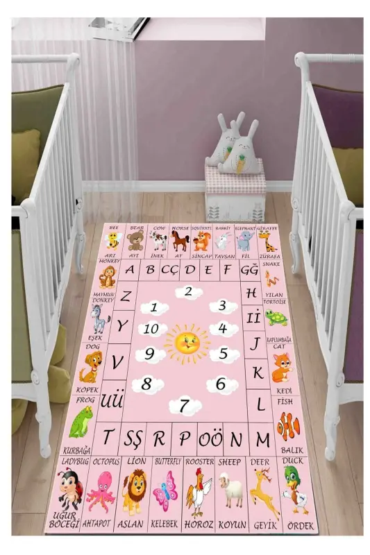 Öğretici Ingilizce Çocuk Oyun Halısı Kaymaz Makinede Yıkanabilir Eğitici Bebek Ve Çocuk Odası Pembe - Renkli4462 - 1