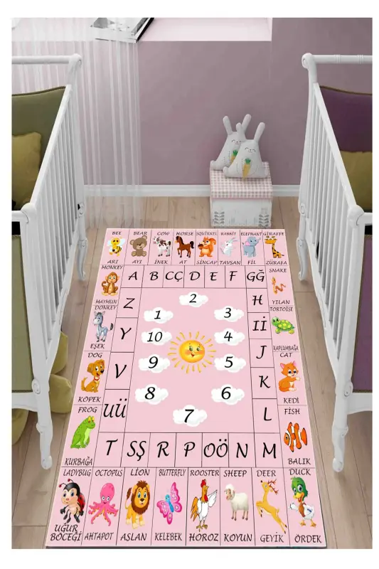 Öğretici Ingilizce Çocuk Oyun Halısı Kaymaz Makinede Yıkanabilir Eğitici Bebek Ve Çocuk Odası Pembe - Renkli4462 - 2