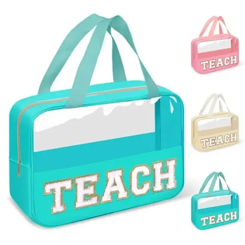 Teacher Appreciation Gifts Chenille Letter Clear Makeup Bag TEACH Pouch, Preppy Waterpoof Makeup Cosmetic Bag with Zipper Graduation Retirement Birthday Teacher Essentials Gifts for Women(TEACH-Green) - TEACHER