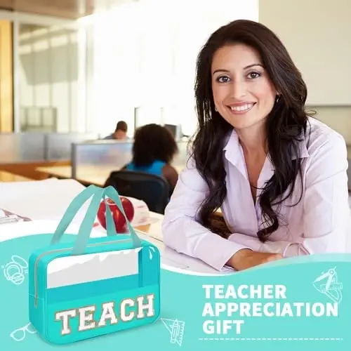 Teacher Appreciation Gifts Chenille Letter Clear Makeup Bag TEACH Pouch, Preppy Waterpoof Makeup Cosmetic Bag with Zipper Graduation Retirement Birthday Teacher Essentials Gifts for Women(TEACH-Green) - 2