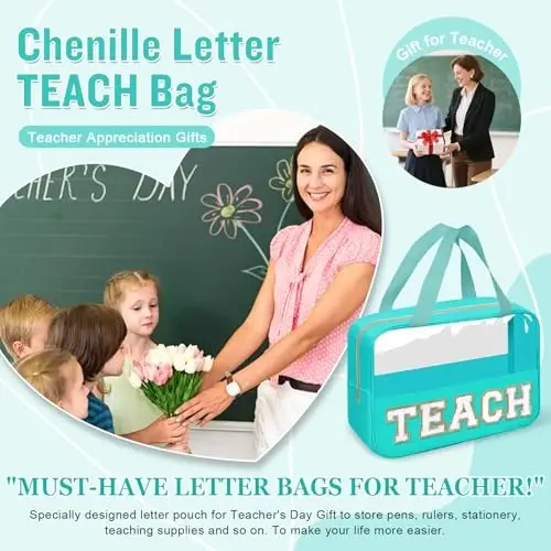 Teacher Appreciation Gifts Chenille Letter Clear Makeup Bag TEACH Pouch, Preppy Waterpoof Makeup Cosmetic Bag with Zipper Graduation Retirement Birthday Teacher Essentials Gifts for Women(TEACH-Green) - 5