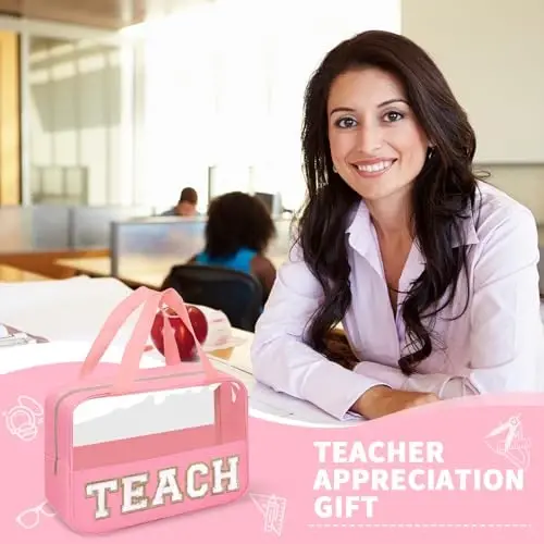 Teacher Appreciation Gifts Chenille Letter Clear Makeup Bag TEACH Pouch, Preppy Waterpoof Makeup Cosmetic Bag with Zipper Graduation Retirement Birthday Teacher Essentials Gifts for Women(TEACH-Pink) - 2