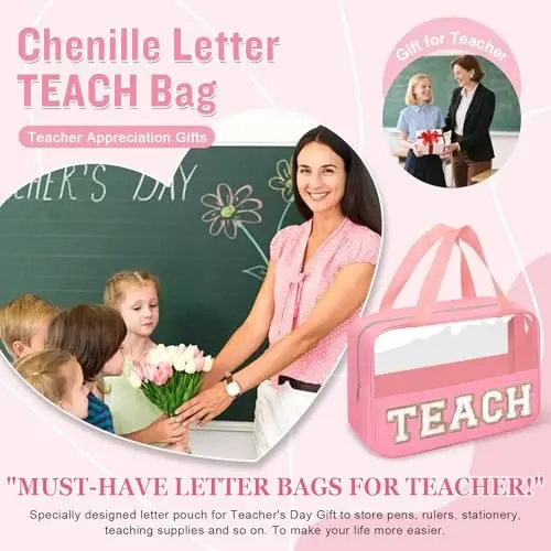 Teacher Appreciation Gifts Chenille Letter Clear Makeup Bag TEACH Pouch, Preppy Waterpoof Makeup Cosmetic Bag with Zipper Graduation Retirement Birthday Teacher Essentials Gifts for Women(TEACH-Pink) - 5