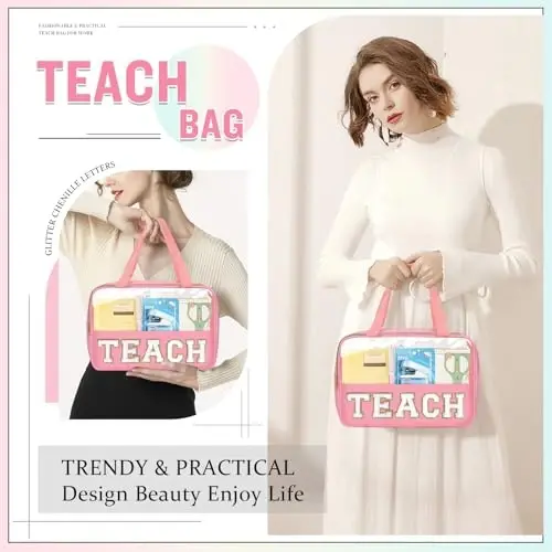 Teacher Appreciation Gifts Chenille Letter Clear Makeup Bag TEACH Pouch, Preppy Waterpoof Makeup Cosmetic Bag with Zipper Graduation Retirement Birthday Teacher Essentials Gifts for Women(TEACH-Pink) - 6