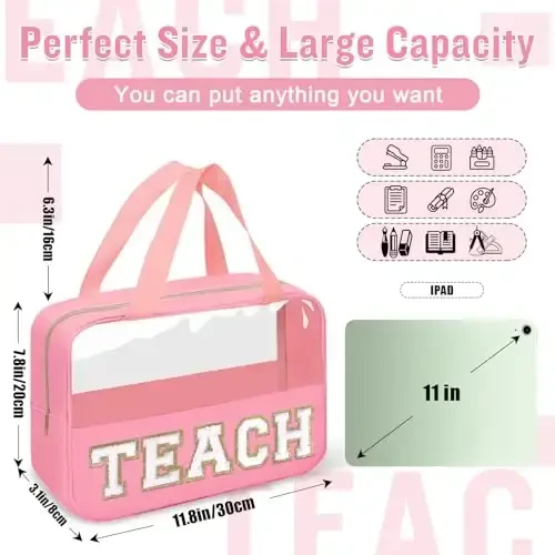 Teacher Appreciation Gifts Chenille Letter Clear Makeup Bag TEACH Pouch, Preppy Waterpoof Makeup Cosmetic Bag with Zipper Graduation Retirement Birthday Teacher Essentials Gifts for Women(TEACH-Pink) - 3