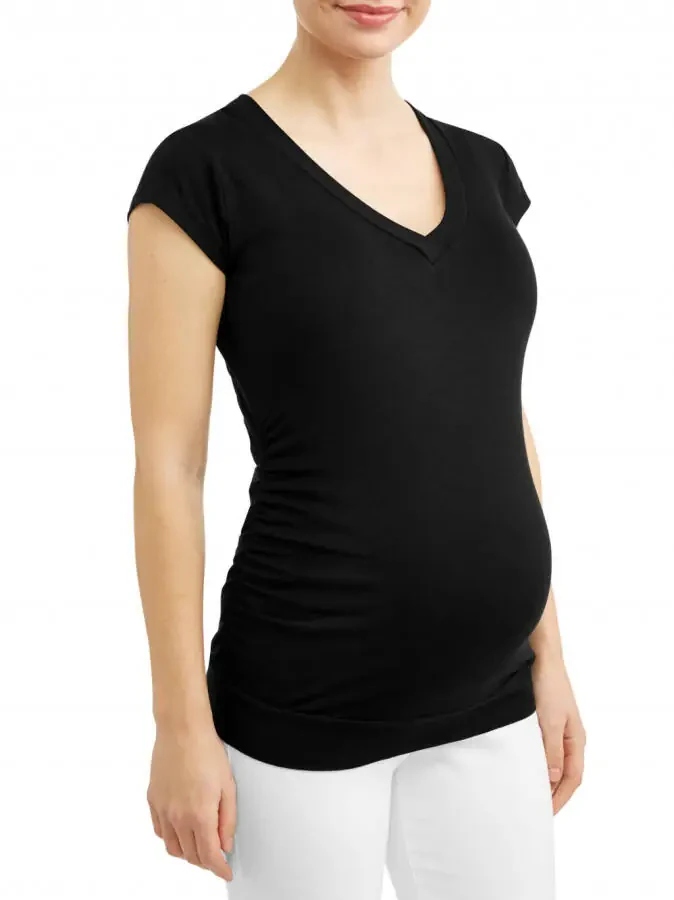 Oh! Mamma Maternity Basic V-Neck Tee With Flattering Side Ruching (Women's and Women's Plus)- - 1