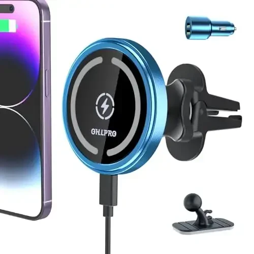 OHLPRO for iPhone 17 Pro Max Magsafe Car Mount Charger, 15W Fast Charging Dashboard Magnetic Car Phone Holder with Vent Clip and 3M Adhesive Base for iPhone 16 15 14 13 12 Series, Blue 