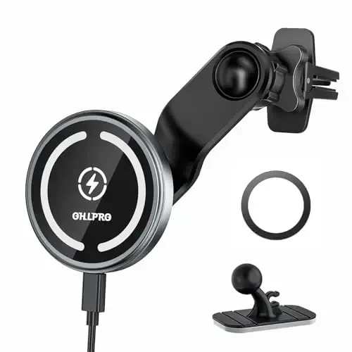 OHLPRO Compatible with MagSafe Car Mount for iPhone 16, Magnetic Wireless Car Charger with Extended Arm, Never Block Vents for iPhone 15/14/13/12 Serie, 15W Fast Charging Mag Safe Phone Holder, Grey - 1