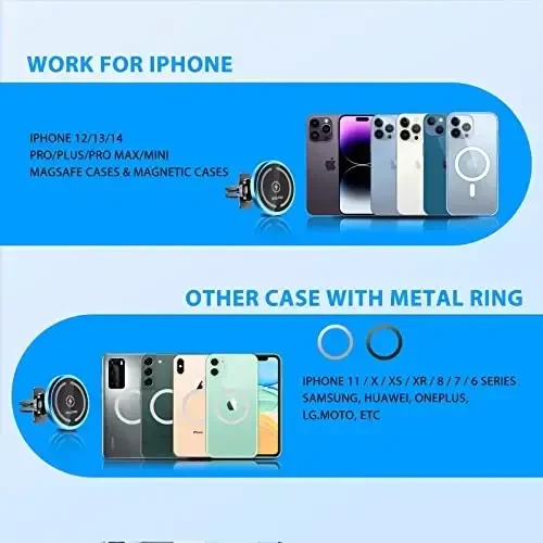 OHLPRO iPhone 17 Pro Max Magsafe avtomobil zaryadlovchisi uchun, 15W tez zaryadlash paneli magnit avtomobil telefon ushlagichi ventilyatsiya qisqichi va iPhone 16 15 14 13 12 seriyasi uchun 3M yopishtiruvchi asos, ko'k - 5