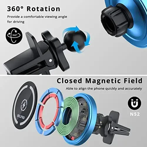 OHLPRO iPhone 17 Pro Max Magsafe avtomobil zaryadlovchisi uchun, 15W tez zaryadlash paneli magnit avtomobil telefon ushlagichi ventilyatsiya qisqichi va iPhone 16 15 14 13 12 seriyasi uchun 3M yopishtiruvchi asos, ko'k - 6