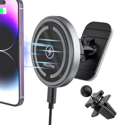 OHLPRO MagSafe Car Mount Charger iPhone Wireless Car Charger, Stick on Dashboard Magnetic Phone Holder Mount for iPhone 16 Pro Plus Max 15 14 13 12 Series, 15W Fast Charging, Aluminum Shell - 1