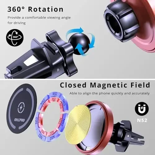 OHLPRO Magsafe Car Mount Charger iPhone 17 Pro Max uchun, Dashboard Magsafe Car Phone Holder 16 15 14 13 12 Pro/Pro Max/Plus/Mini uchun, 15W Tez Zaryadlovchi Vent Mount, Super Moda & Qo'lsiz, Qizil - 6