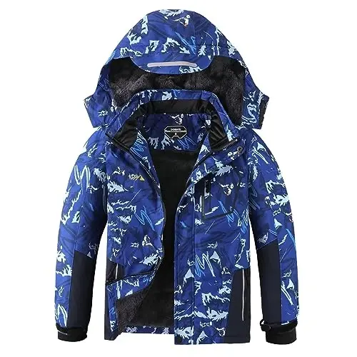 OHSNMAKSL Boy's Waterproof Ski Jacket Warm Winter Snow Coat Kids Fleece Snowboarding Jackets Thick Hooded Windproof Coats - 1