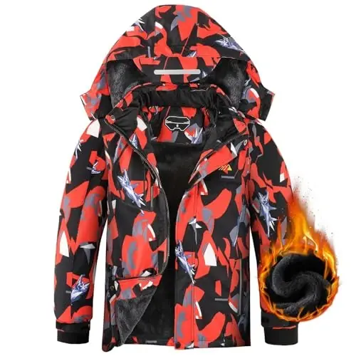 OHSNMAKSL Boy's Waterproof Ski Jacket Warm Winter Snow Coat Kids Fleece Snowboarding Jackets Thick Hooded Windproof Coats - 1
