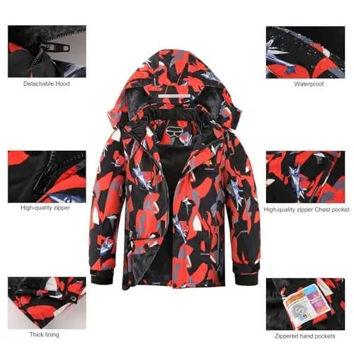OHSNMAKSL Boy's Waterproof Ski Jacket Warm Winter Snow Coat Kids Fleece Snowboarding Jackets Thick Hooded Windproof Coats - 6
