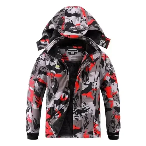 OHSNMAKSL Boy's Waterproof Ski Jacket Warm Winter Snow Coat Kids Fleece Snowboarding Jackets Thick Hooded Windproof Coats - MODAZONE
