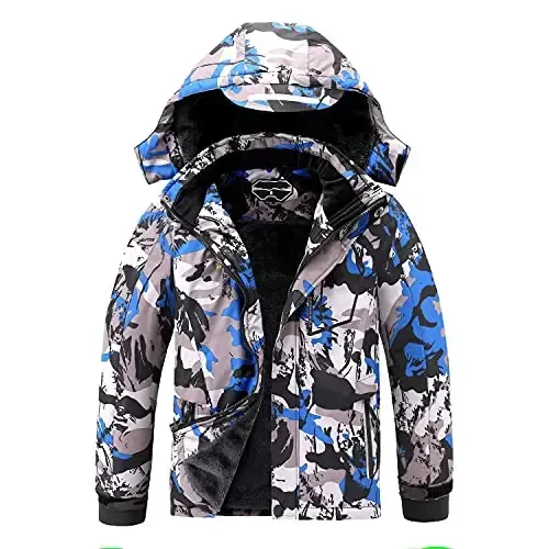 OHSNMAKSL Boy's Waterproof Ski Jacket Warm Winter Snow Coat Kids Fleece Snowboarding Jackets Thick Hooded Windproof Coats 
