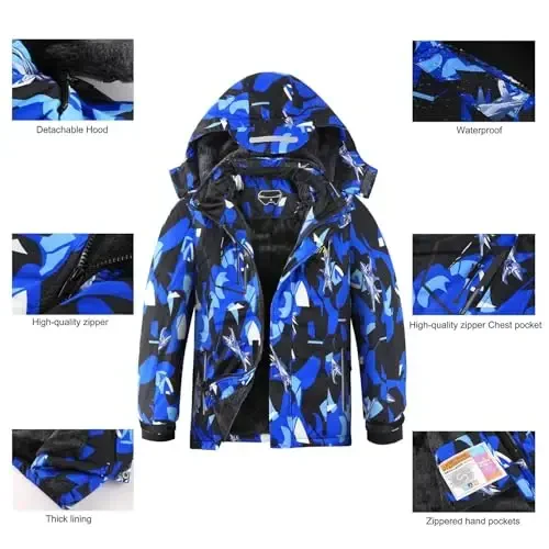 OHSNMAKSL Boy's Waterproof Ski Jacket Warm Winter Snow Coat Kids Fleece Snowboarding Jackets Thick Hooded Windproof Coats - 6