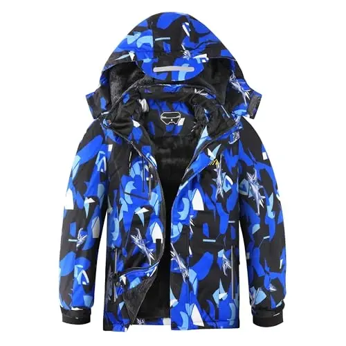 OHSNMAKSL Boy's Waterproof Ski Jacket Warm Winter Snow Coat Kids Fleece Snowboarding Jackets Thick Hooded Windproof Coats 