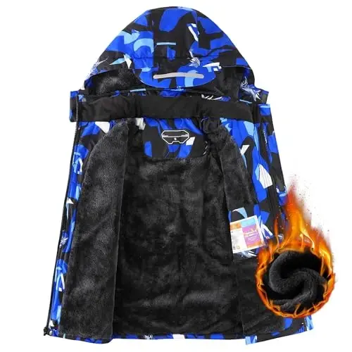 OHSNMAKSL Boy's Waterproof Ski Jacket Warm Winter Snow Coat Kids Fleece Snowboarding Jackets Thick Hooded Windproof Coats - 2