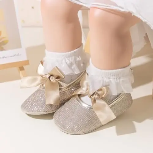 ohsofy Infant Baby Girls Mary Jane Flats Non-Slip Bowknot Princess Wedding Dress Shoes Toddler Crib Shoes - 2
