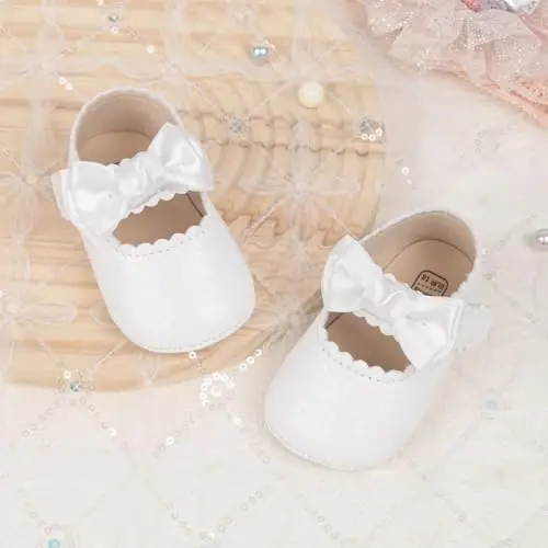 ohsofy Infant Baby Girls Mary Jane Flats Non-Slip Bowknot Princess Wedding Dress Shoes Toddler Crib Shoes - 6